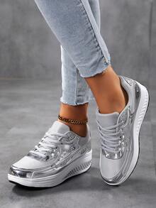 Women's Casual Sports Shoes, Road Running Shoes, Thick Sole Fashion Mom Shoes, Round Toe Lace-Up Design, Stable And Comfortable, Suitable For Daily Wear, Outdoor Walking And Travel Shoes - Silver - View 3