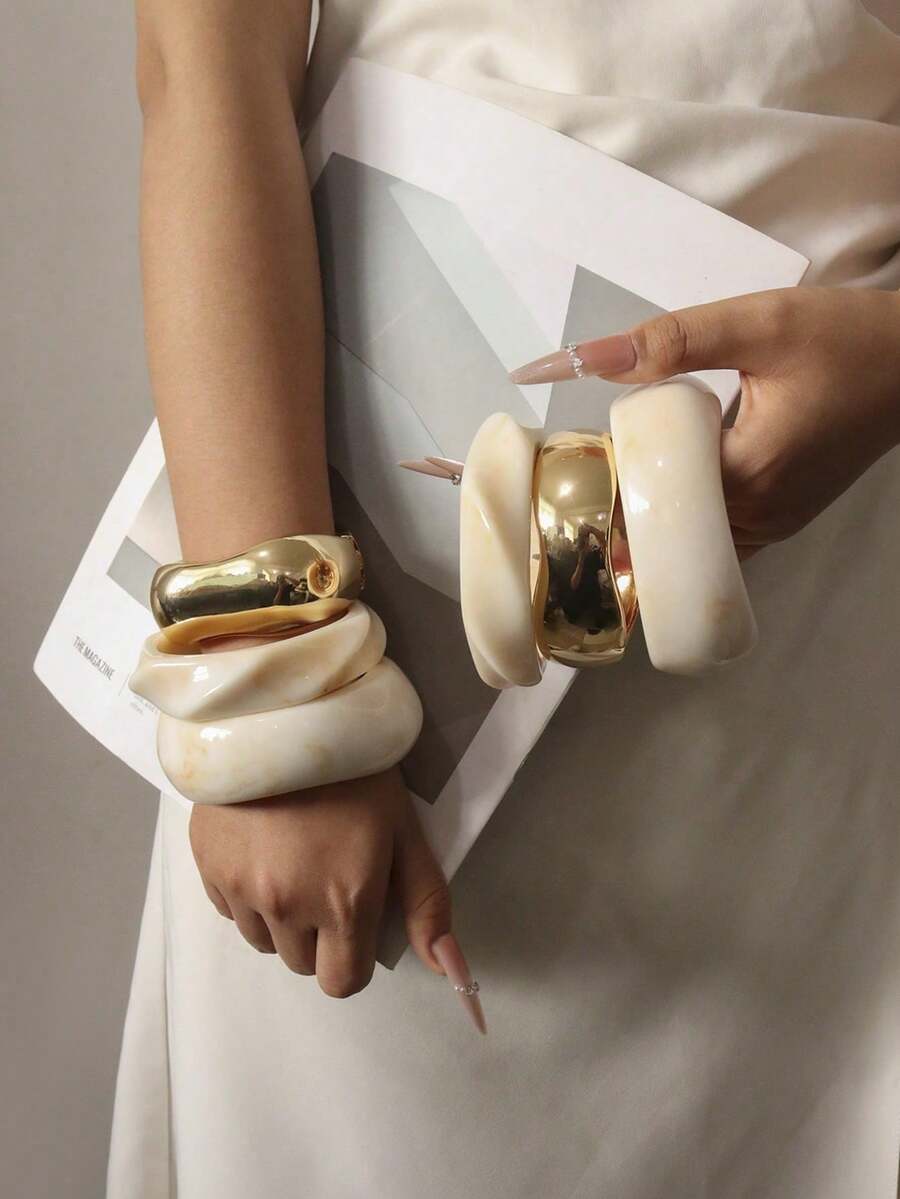 Set Of 3 Unique Bracelets For Women, Elegant, Luxurious, Modern, Wide, Gradient Resin, Color May Vary, Lot - 多色 4 - 查看 1