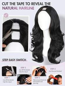 22 Inch Women's U-Shaped Layered Curly Synthetic Fiber Heat Resistant Clip-In Half Wig, Suitable For Daily, Party, Vacation, Available In Black/Golden/Brown Highlights - Black - View 5