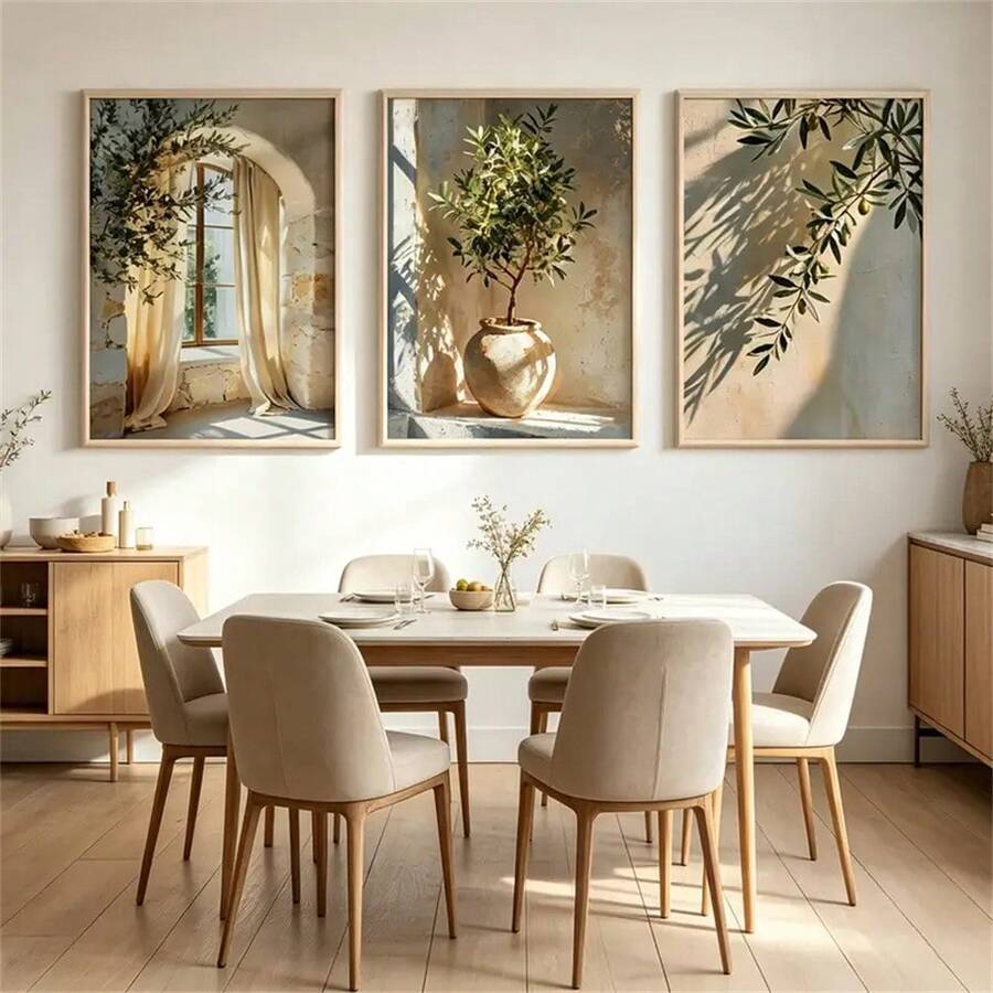 1pc/3Pcs Rustic Cottage Plant Floral Vintage Olive Branch And Olive Leaf Printed Poster, Vintage Mediterranean Travel Plant Fashion Painting For Living Room Bedroom Bathroom Kitchen Home Office Dormitory Wall Decor Picture Optional Frame - Multicolor - View 1