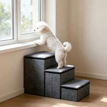 3-Step Pet Stairs With Storage & Cozy Condo, Foldable Dog Steps For High Bed/Couch, Non-Slip, 165 Lbs Capacity, Easy Assembly - 灰色 - 查看 3