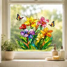 Stained Glass Style Flower & Butterfly Window Cling, Reusable Static Window Decal, Non-Adhesive Suncatcher Sticker, Colorful Floral Privacy Film, Removable Home Decor For Living Room Bathroom Kitchen - Colorful Flower Stickers - View 1
