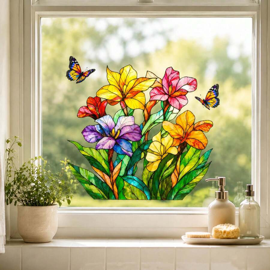 Stained Glass Style Flower & Butterfly Window Cling, Reusable Static Window Decal, Non-Adhesive Suncatcher Sticker, Colorful Floral Privacy Film, Removable Home Decor For Living Room Bathroom Kitchen - Colorful Flower Stickers - View 1