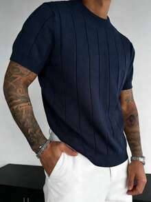 Men's Spring/Summer Ribbed Crew Neck Thin Loose Knit Short Sleeve Sweater, Father's Day Gift - Navy Blue - View 3
