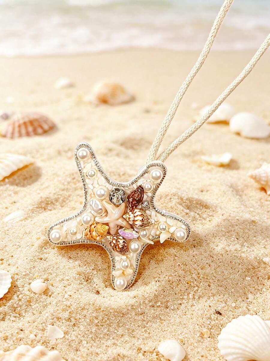 1pc Bohemian Style Handmade Silk Shell Rhinestone Ocean Starfish, Turtle, Whale, Conch Shell Rhinestone Broken Shell Bag Charm, Suitable For Vacation Style Straw Bag, Tote Bag Decoration - Beige - View 1
