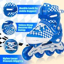 Adjustable Inline Skates For Kids Teens, PU Wheels Blades Roller Skates With Checkerboard Design For Boys Girls - Blue - View 2