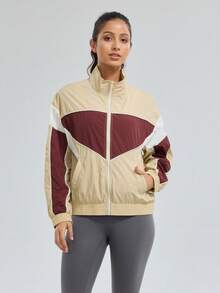 Women's Retro Colorblock Sports Jacket, Single Layer Lightweight & Comfortable, Suitable For Casual Daily Wear, Sports Fashion Street Style - Multicolor - View 4