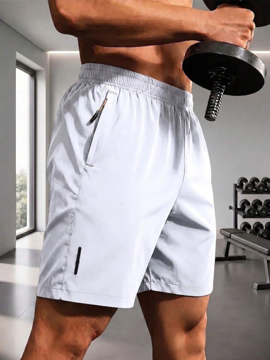Pantalones cortos deportivos casuales holgados de alto rendimiento para hombre, de secado rápido, unicolor, con diseño de franja reflectante, bolsillos, cremallera y cordón de cintura - Blanco - Ver 1