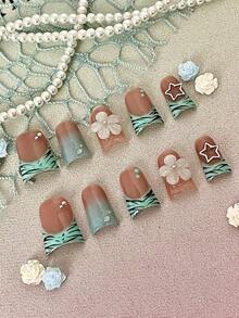 10pcs Women's Square Acrylic Press-On Nails, Floral & Hollow Star Nail Art With Tiny Metal Rhinestones, Warm Brown Mint Tiger Stripe Gradient Short Square Nails, Handmade Fresh Summer Wearable Nails, Nail Art Supplies - Multicolor - View 4
