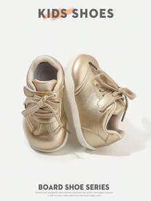 1 Pair Low-Top Round Toe Flat Sneakers For Toddlers And Young Children, Woven Lace-Up Design With Decorative Line Pattern, Minimalist Gentle Style, Suitable For Daily Wear, Holiday Outings, First Birthday Looks And More [Choose By Actual Cm Inner Length] - Gold - View 9