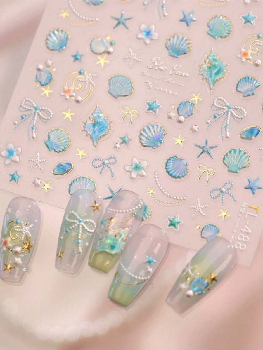 1片裝 5D可愛夏季貝殼美甲貼紙,精緻迷你貝殼、海螺、海馬、珊瑚、海星、蝴蝶結自黏式轉印美甲裝飾貼紙,DIY美甲貼 - 彩色 - 查看 1