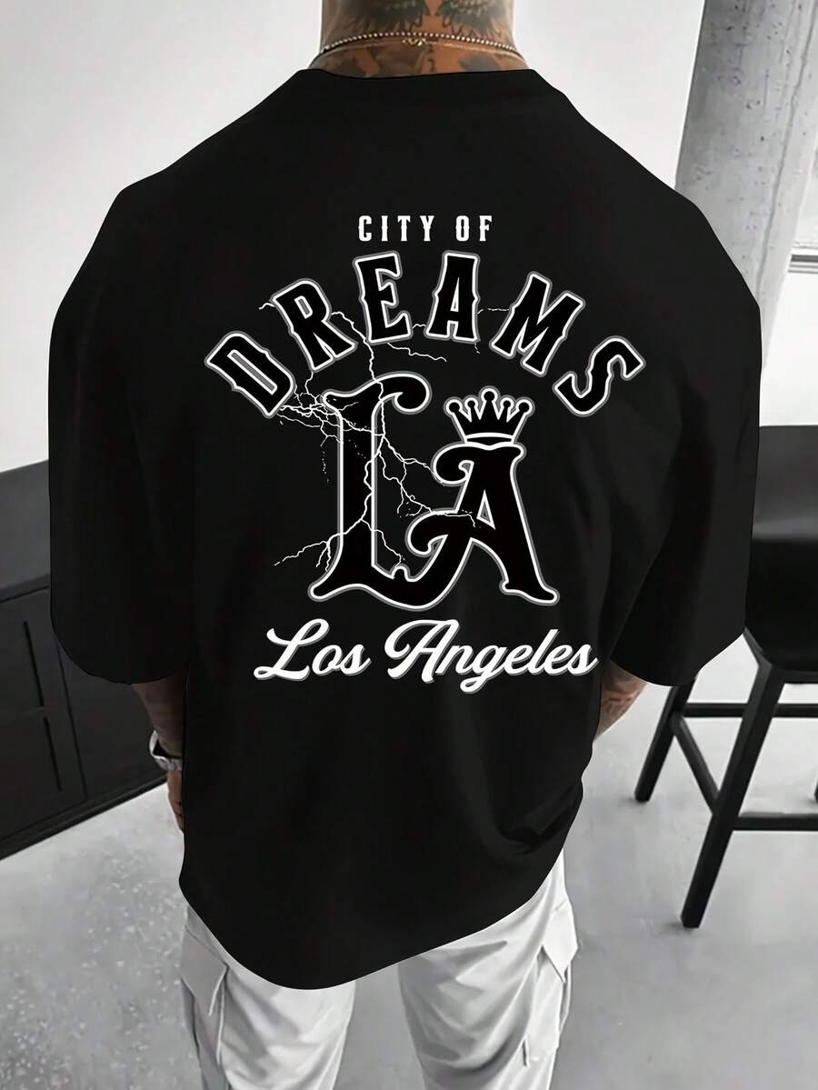 Men's "Dream City LA" Graphic T-Shirt - Casual Crew Neck, Loose Fit, Comfortable And Breathable, Outdoor Summer Wear, Street Style T-Shirt - 彩色 - 查看 1