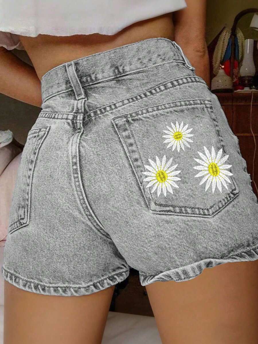 Teen GirlNon-Stretch Denim Shorts With Pockets And Embroidery, For Students - Light Grey - View 1