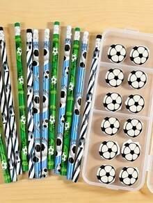 24 PCS Football For Party Pencil Eraser Set | Includes 12 Random Pattern Pencils 12 Erasers | Football Sports Theme Design | Hot , First Day Of School - Multicolor - View 3