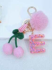 1pc Resin Starry Sky Epoxy English Letter Keychain With Tassel And Black Fur Ball Decoration, Heart Pendant Gift For Friend And Mom - Baby Pink - View 17