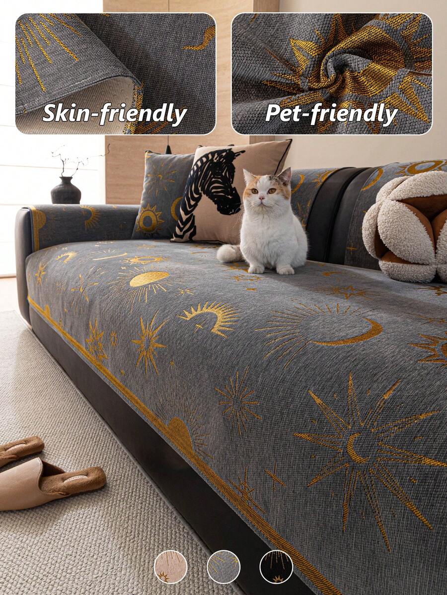 1pc Sun Moon Star Jacquard Sofa Cover, Skin-Friendly Chenille Non-Slip Couch Protector, Pet-Friendly Anti-Scratch Sofa Slipcover, All-Season Washable Furniture Cover For Living Room - Multiple Styles - View 1