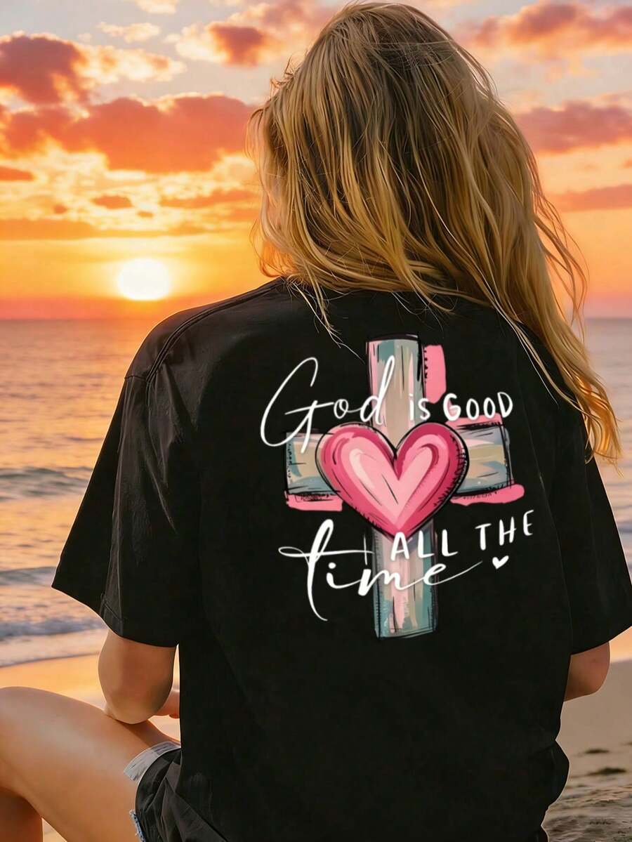 Women's Pink Graphic T-Shirt With Cross And Heart, "God Is Always Good", Short Sleeves, Round Neck, Soft, Comfortable, Loose Casual Fit. Ideal For Church And Everyday Summer Wear. - 黑色 - 查看 1