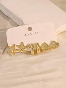 3/9 Pairs Fashionable Elegant Gold-Plated Starfish Shell Multi- Metallic Women's Earrings Set, Suitable For Beach Vacation And Daily Wear (Lightweight CCB Material, Non-Fading) - Yellow Gold - View 8