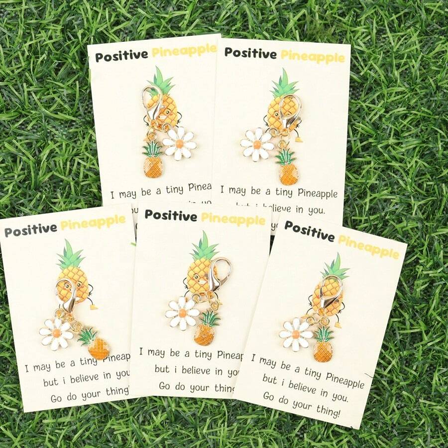 5pcs Mini Pineapple Keychains With Positive Pineapple Greeting Card, Unique Gift For Friends And Family, Accessory, Playful Design, Durable Keychain, Pineapple Accessory, Holiday, Birthday, Graduation, Vacation Gift - Multicolor - View 1