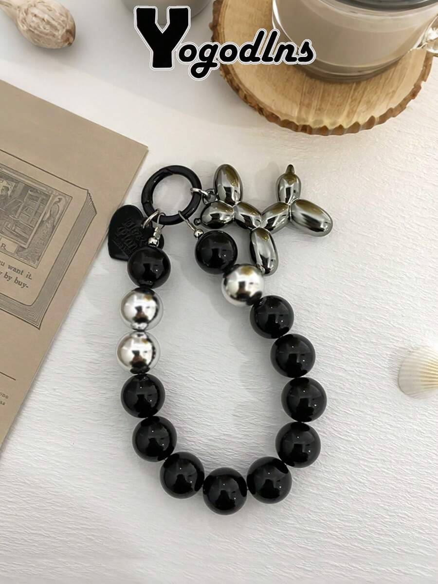 Yogodlns 銀色狗狗串珠手鍊手機掛繩鑰匙圈包包吊飾,創意防丟鑰匙包掛件,奢華狗狗手機掛繩 - 彩色 - 查看 1
