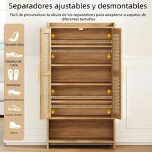 Wooden Shoe Rack With 2 Doors And 7 Shelves, Bamboo And Rattan Shoe Organizer For Hallway, Compact Shoe Rack For Small Spaces (60x32x93 Cm) - Black - View 5
