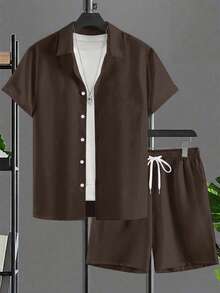 Plus Size Men's Shirt Set, Short Sleeve Shirt And Shorts 2 Piece Set, Solid Color Machine Washable, Plus Size - Coffee Brown - View 3