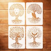 4 pièces Pochoirs de peinture Arbre de Vie Animal, Modèles de gribouillage d'arbre et d'animal lavables et réutilisables, Convient pour les loisirs créatifs DIY et la décoration de la maison - A - Voir 3