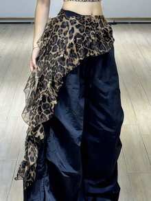 MESHUOKAI 1pc Niche Fashion Jazz Dance Ruffle Waist Scarf, Layered Leopard Print Belt School - Multicolor - View 3