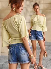 Summer Rolled-Up High-Waisted Denim Shorts - Blue - View 1