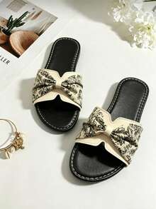 Damen Mode Flache Sandalen, Schwarze Blumen Schleife, Lässiges Offenes Zehen Design, Französische Flache Schuhe, Kombinierbar mit Röcken, 2026 Neue Sommer Outdoor Pantoffeln, Lässige Strandschuhe, Geeignet für Outdoor Tragen - Beige - Übersicht 3