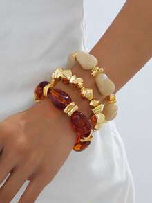 3pcs Vintage Chunky Gold/Silver/Pearl Bracelet Set, European And American Style, Suitable For Women's Beach - 3-piece Set - View 3