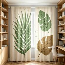 2pcs Asymmetric Plant Curtains, 2D Flat Print, Minimalist Brown & Green Tropical Leaf Design, Sheer, Polyester, Bohemian Vacation Style Rod Pocket Curtains, Suitable For Sunroom, Study, Tea Room, Cafe Commercial Space Window Decoration - Multicolor - View 7