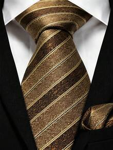 Men's Tie Set, Classic Fashion Tie & Pocket Square Set, Suitable For Weddings, Business And Banquets. - Coffee Brown - View 1