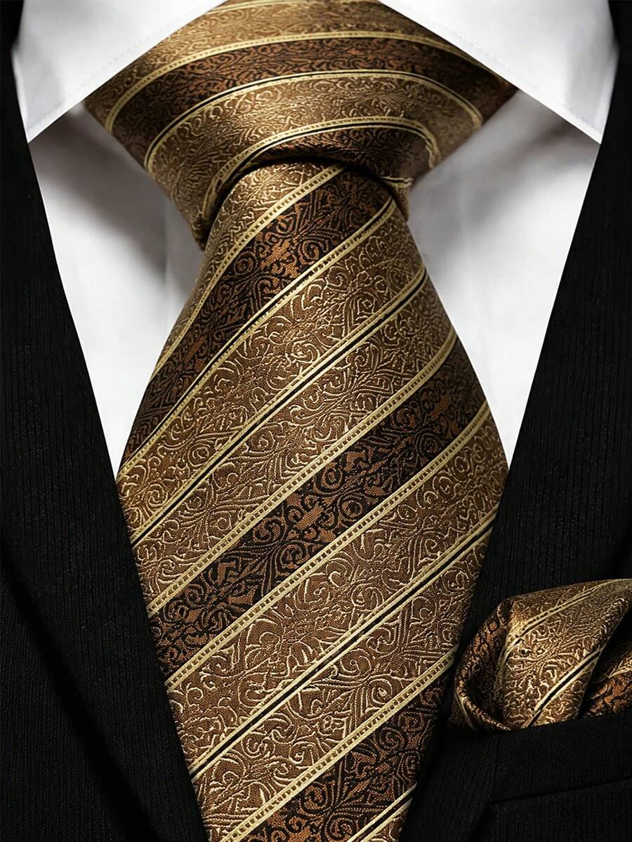 Men's Tie Set, Classic Fashion Tie & Pocket Square Set, Suitable For Weddings, Business And Banquets. - Coffee Brown - View 1