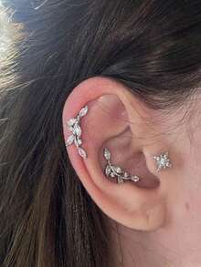 1pc Exquisite Leaf & Star Stud Earring, 18K Gold Plated Flower Silver Cubic Zirconia, Flat Back Ear Lobe Cartilage Conch Helix Piercing Jewelry, Fade-Resistant - A Round CZ Earring - View 3
