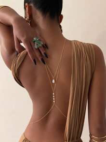 1pc Women's Gold-Tone Faux Pearl Back Chain, Sexy Multi-Layer Backless Body Jewelry, Versatile Elegant Dress Accessory For Party, Wedding, Beach Vacation, Bridal - Gold - View 6