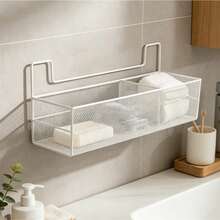 Space-Saving Punch-Free Bathroom Storage Basket, Black & White Available Adhesive Toilet Tank Caddy With 2 Compartments, No Drill Iron Mesh Wall Mount Organizer With Built-In Toilet Paper Holder, Rustproof Hanging Shelf For Rental Apartments. - Multicolor - View 5