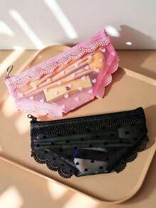 1pc Triangular Heart-Shaped Plush Fabric Net Bag For Cosmetics, Transparent, Portable, Small, Convenient Makeup Tool Storage Bag, Bag With An "Ins" Style, Korean-Style Fun Bag. - Multicolor - View 1