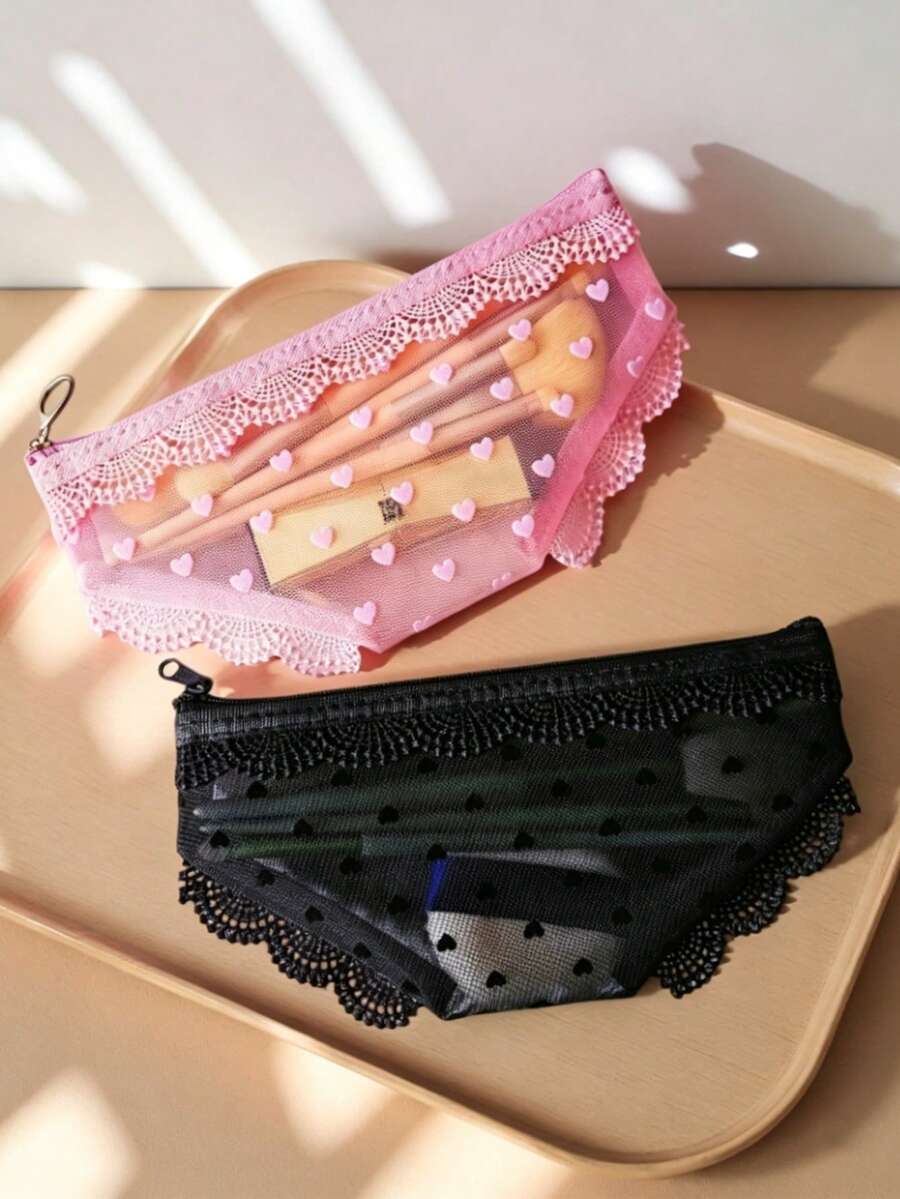 1pc Triangular Heart-Shaped Plush Fabric Net Bag For Cosmetics, Transparent, Portable, Small, Convenient Makeup Tool Storage Bag, Bag With An "Ins" Style, Korean-Style Fun Bag. - Multicolor - View 1