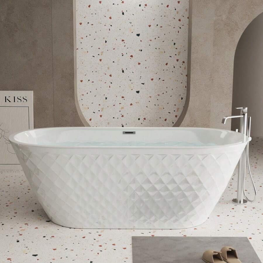 59'' Acrylic Freestanding Bathtub With Unique Diamond Pattern Design: Spacious Oval Shape,  Gloss White Finish,  Overflow And -Up Drain CUPC Certificate-XY579964 - Multicolor - View 1