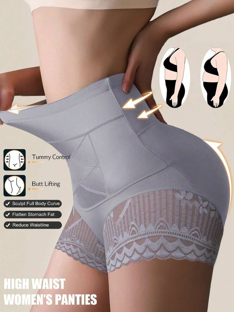1pc High-Waisted Seamless Shaping Panties. Tummy Control, Butt Lifting, Lace Detail. - Blue - View 1