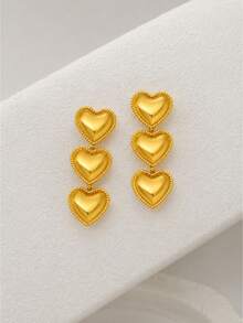 1 Pair Long Earrings, 24K Gold-Plated Iron Body With 3D Heart Decoration, Elegant French Classic Style - Love - View 3