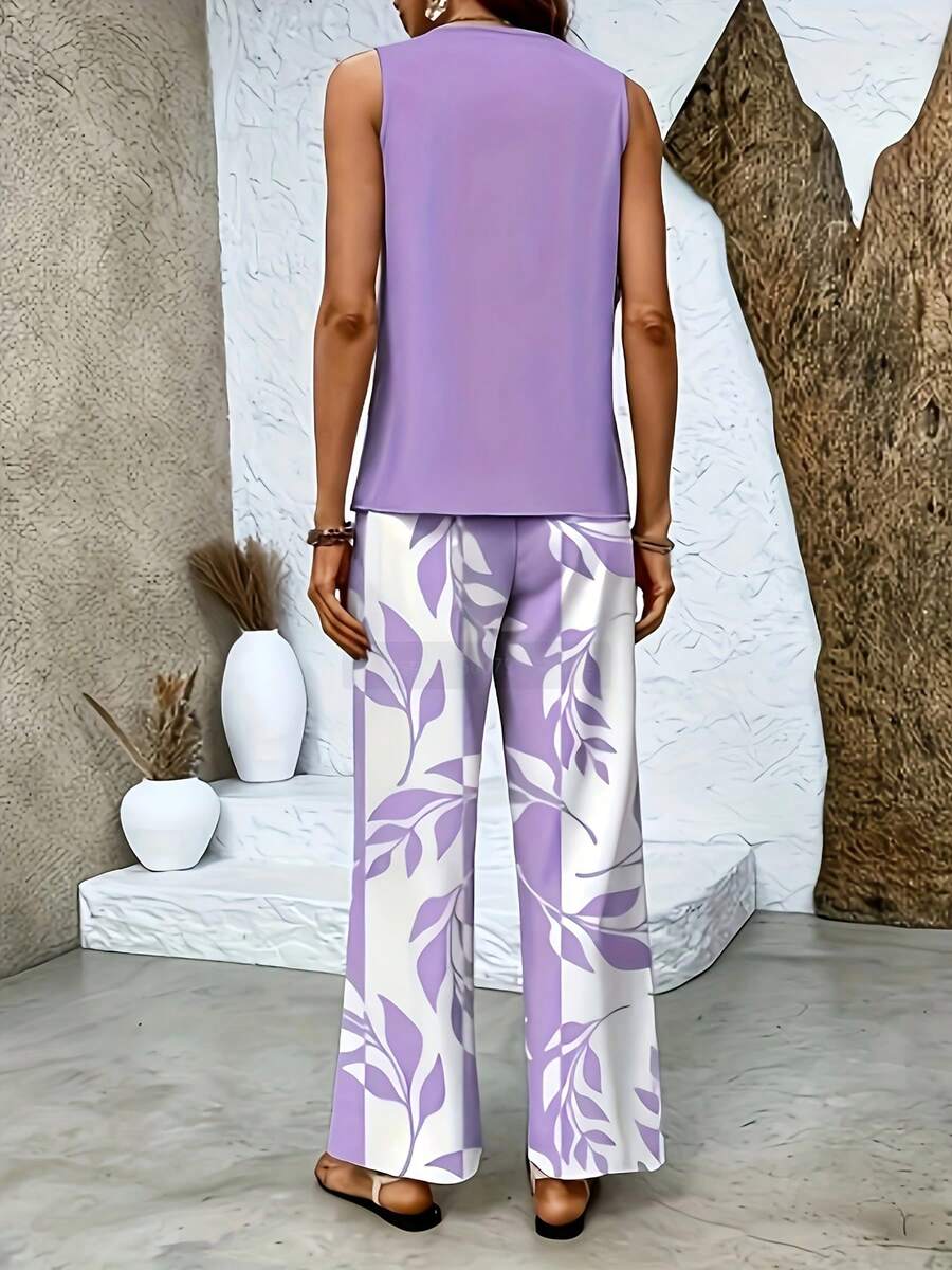 Conjunto Elegante de Cardigán y Pantalón en Color Sólido - Morado - Ver 1