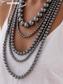 Exquisito y versátil collar de perlas multicapa hecho a mano para banquetes. - Gris - Ver 3