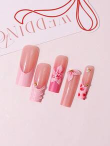 24pcs Soft Pink Hand-Painted Floral Square Press-On Nails Set, Atmospheric Fake Nails, Spring/Summer Gentle Style Long Square Nail Tips, Reusable Removable Realistic Wearable Nails - Pink - View 6