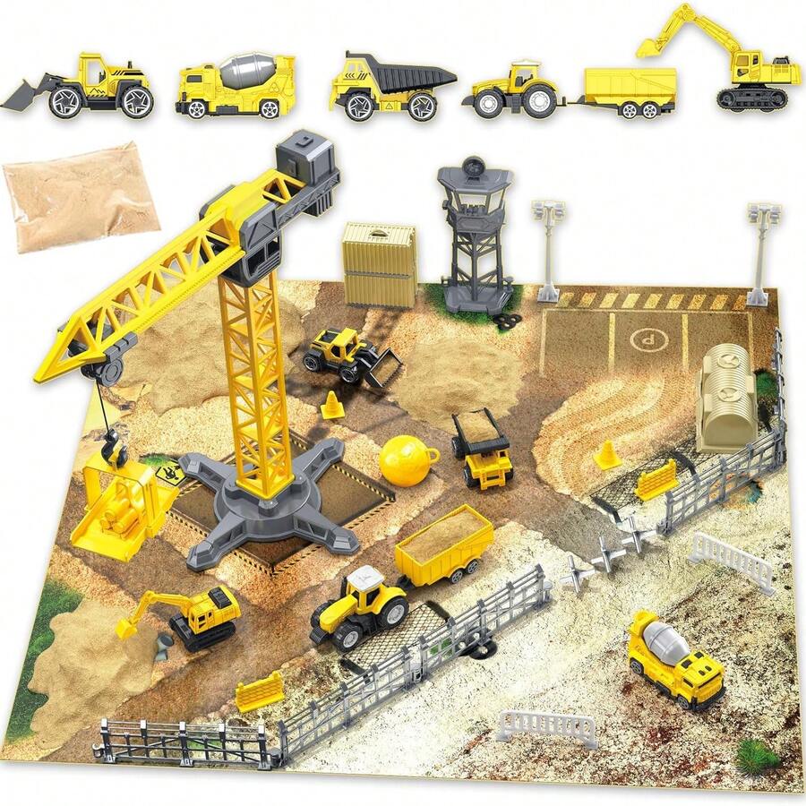 Construction Truck Toys With Sand Playset, Excavator Bulldozer Dump Truck Crane Toy, Construction Site With Play Mat & Accessories, Engineering Theme Gift For Kids Boys Girls Age 3+ - Yellow - View 1
