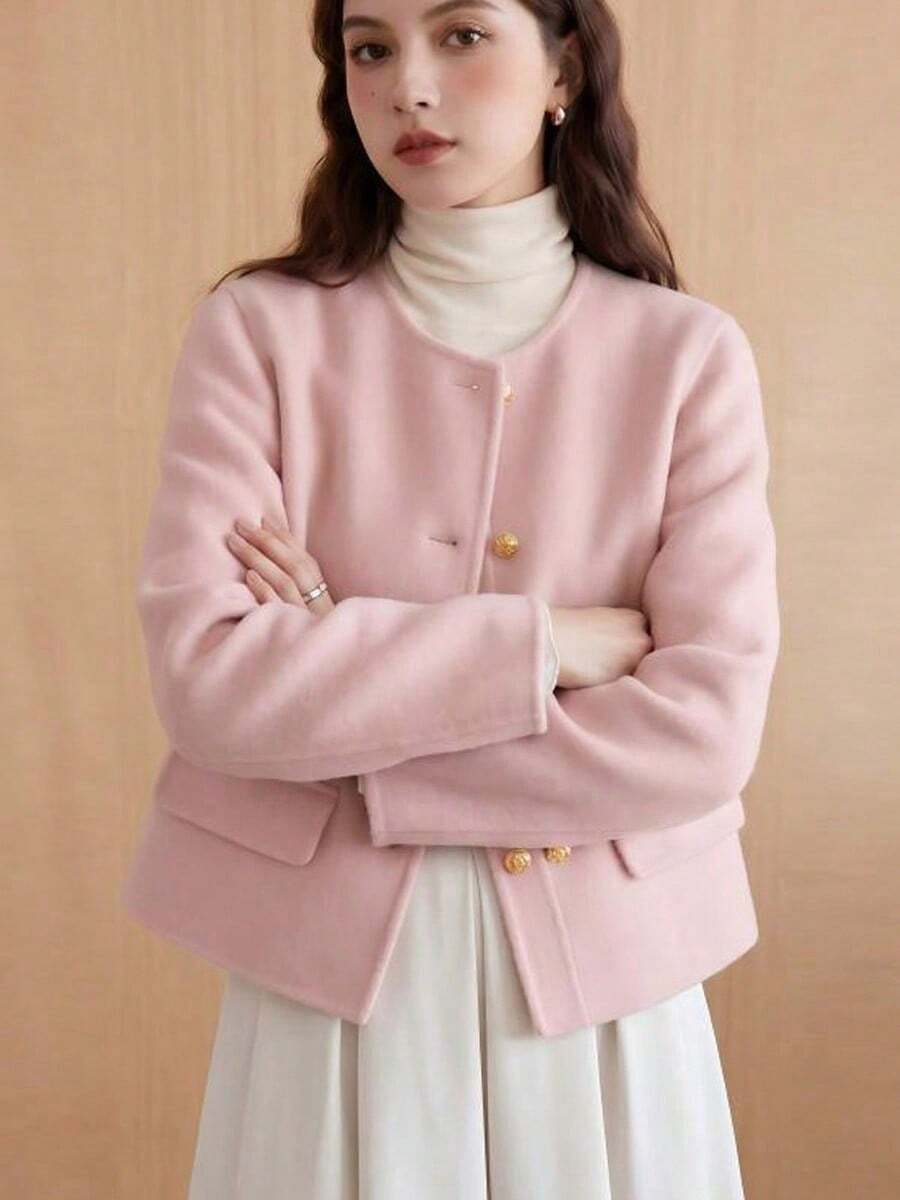 2026 Autumn/Winter New Wool Blend Jacket, Fresh & Compact, Versatile Double-Breasted Solid Color Coat - Baby Pink - View 1