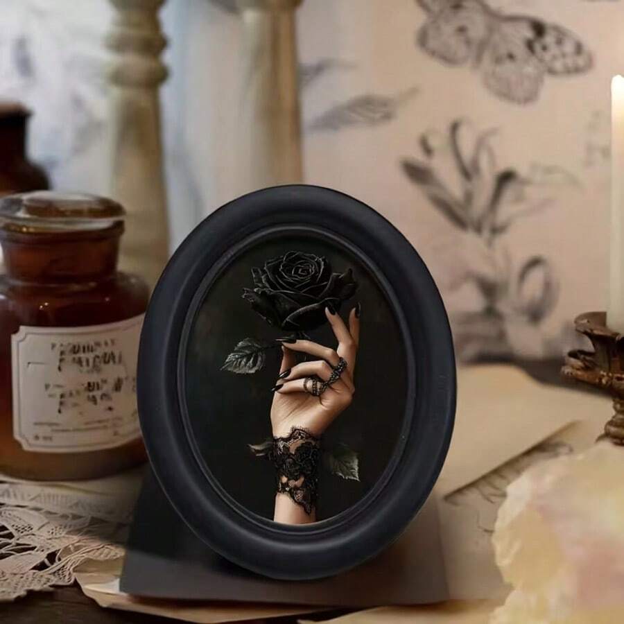 1pc Black Gothic Vintage Oval Photo Frame, Handmade Craft Artwork, Perfect For Home Office And Holiday Decor, Ideal Gift For Collectors, No Drilling Required