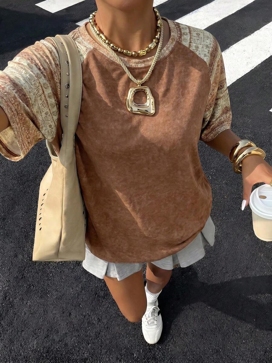 Women's Solid Color Washed Snowflake Craft Patchwork Raglan Sleeve Summer Set, Independence Day Outfit Casual - Brown - View 1