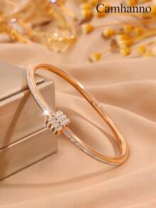 1/5Pcs Gold Plated Stainless Steel Cuff Bangles For Women, Classic Rhinestone Inlaid Stackable Bracelets, Non Tarnish Waterproof Jewelry - Rose Gold - View 3